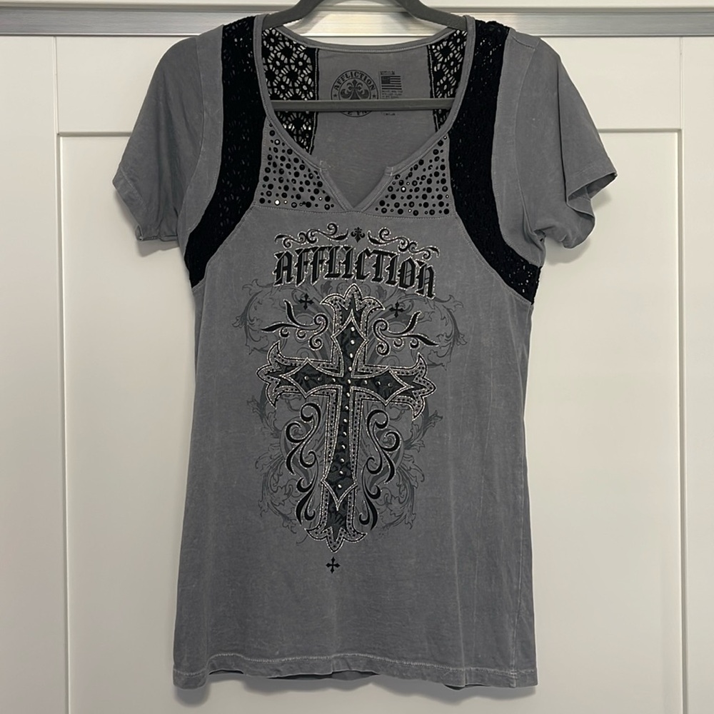 Affliction Women’s T-Shirt Gray and Black